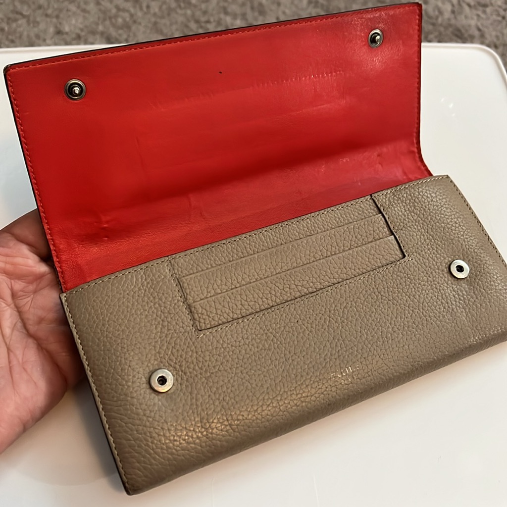 Celine Taupe Long Double Snap Leather Wallet With Red Interior